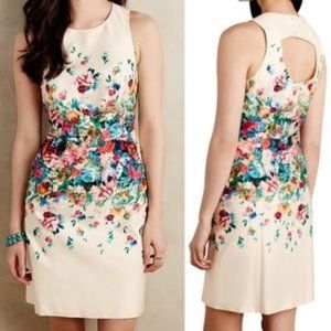 Anthropologie Maeve Tea Garden Sheath Dress Beige and Colorful Floral